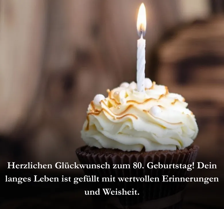 Herzlichen Glückwunsch zum 80. Geburtstag! Dein langes Leben ist gefüllt mit wertvollen Erinnerungen und Weisheit.
