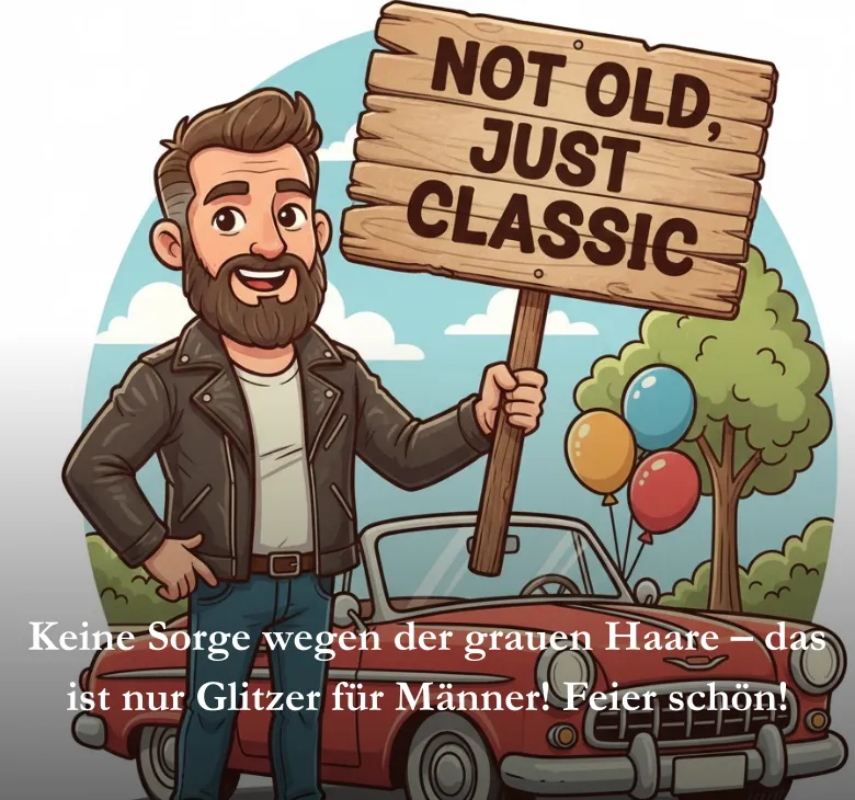Keine Sorge wegen der grauen Haare – das ist nur Glitzer für Männer! Feier schön!
