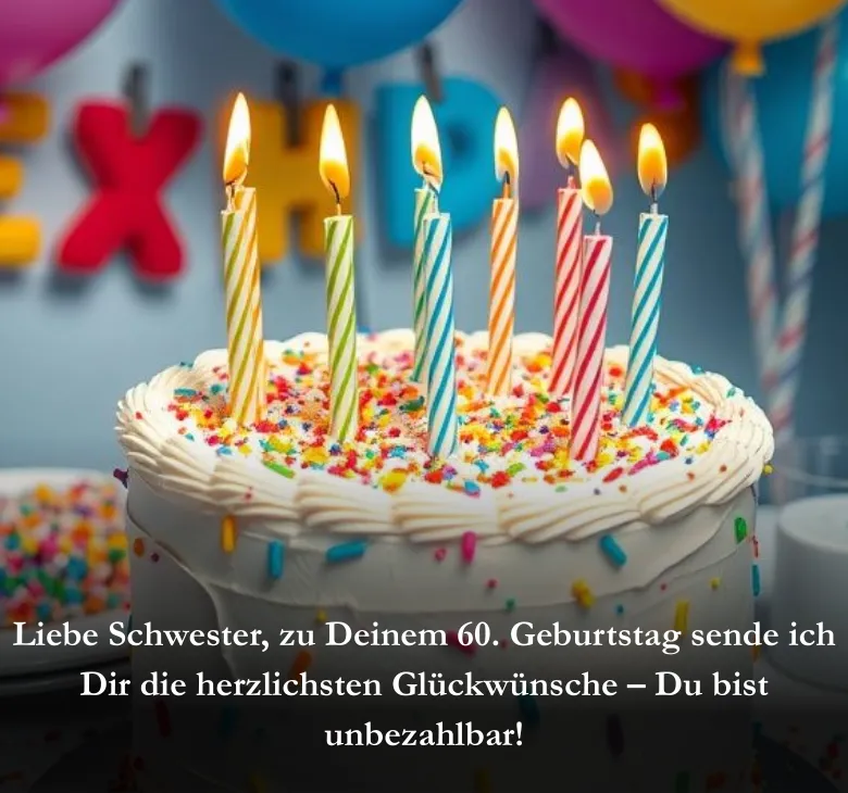 Liebe Schwester, zu Deinem 60. Geburtstag sende ich Dir die herzlichsten Glückwünsche – Du bist unbezahlbar!
