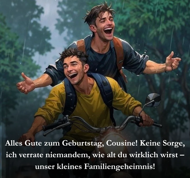 Alles Gute zum Geburtstag, Cousine! Keine Sorge, ich verrate niemandem, wie alt du wirklich wirst – unser kleines Familiengeheimnis!