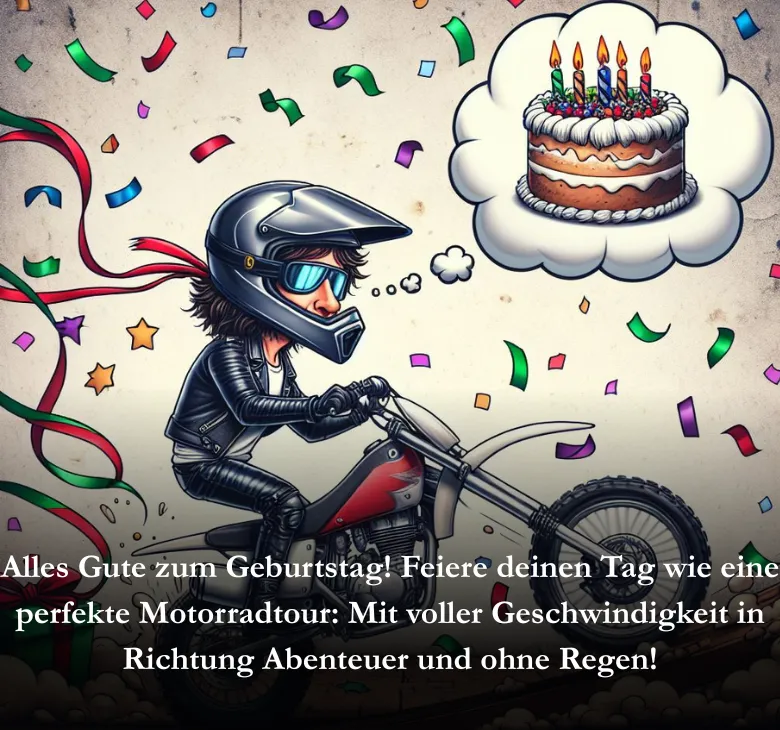 Alles Gute zum Geburtstag! Feiere deinen Tag wie eine perfekte Motorradtour: Mit voller Geschwindigkeit in Richtung Abenteuer und ohne Regen!
