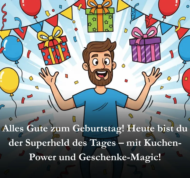 Alles Gute zum Geburtstag Heute bist du der Superheld des Tages mit Kuchen Power und Geschenke Magic
