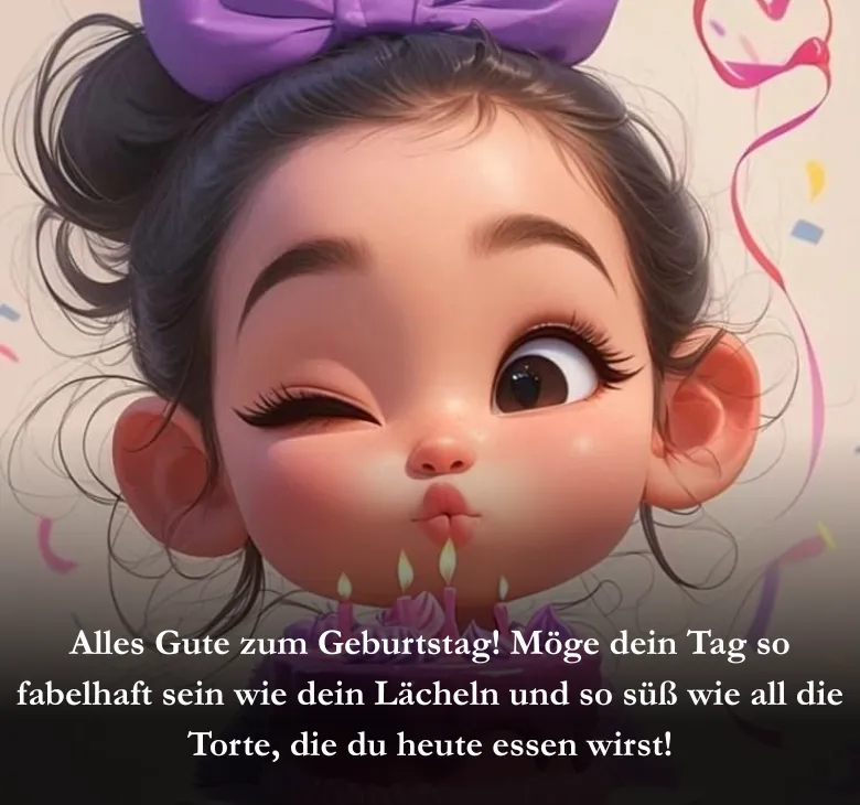 Alles Gute zum Geburtstag! Möge dein Tag so fabelhaft sein wie dein Lächeln und so süß wie all die Torte, die du heute essen wirst!