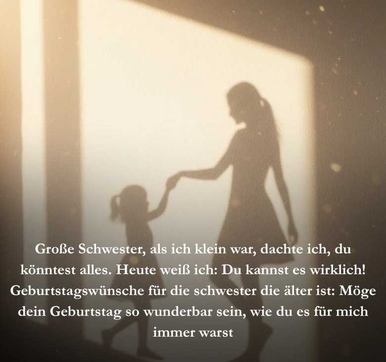 Große Schwester, als ich  du könntest alles. Heute weiß ich: Du kannst es wirklich! Geburtstagswünsche für die schwester die älter ist: Möge dein Geburtstag so wunderbar sein, wie du es für mich immer warstlein war, dachte ich,