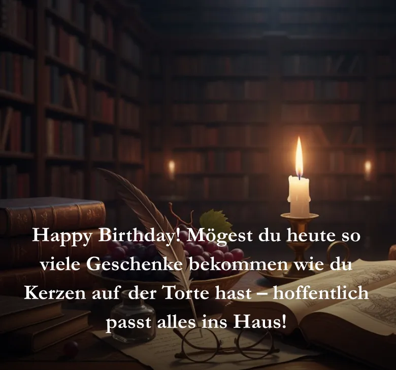 Happy Birthday Mögest du heute so viele Geschenke bekommen wie du Kerzen auf der Torte hast hoffentlich passt alles ins Haus