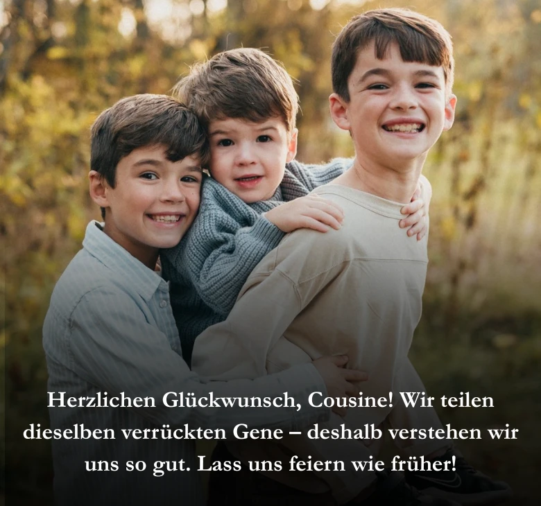 Herzlichen Glückwunsch, Cousine! Wir teilen dieselben verrückten Gene – deshalb verstehen wir uns so gut. Lass uns feiern wie früher!
