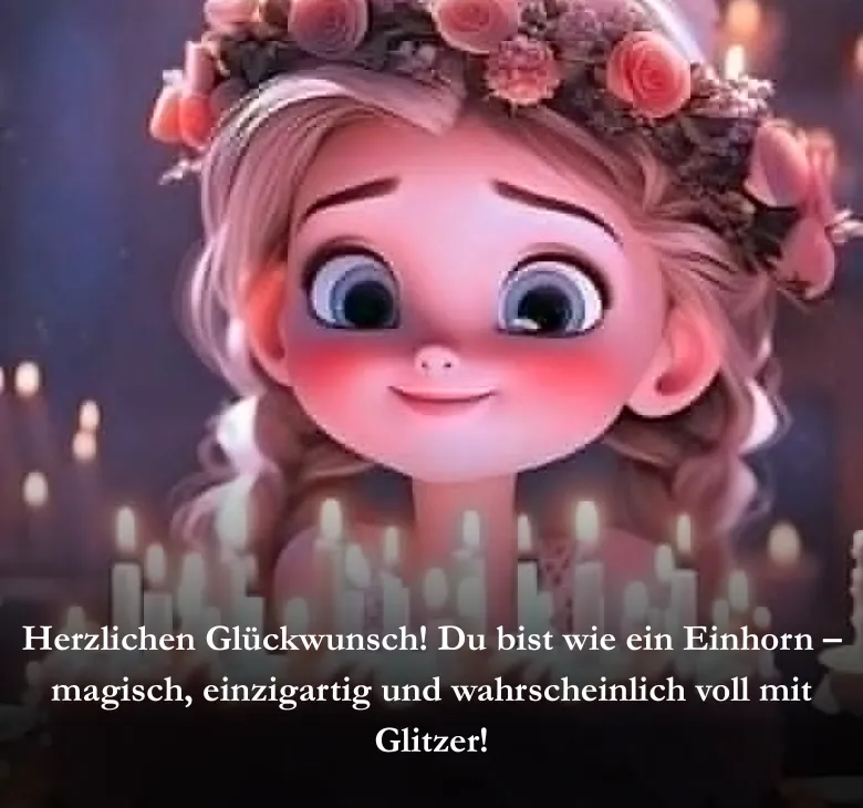 Herzlichen Glückwunsch! Du bist wie ein Einhorn – magisch, einzigartig und wahrscheinlich voll mit Glitzer!