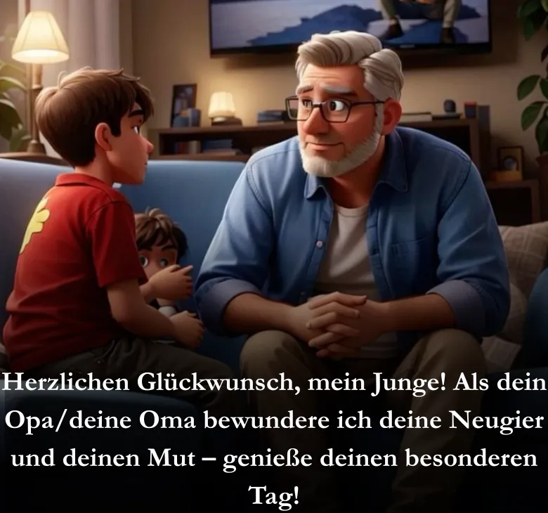 Herzlichen Glückwunsch, mein Junge! Als dein Opa/deine Oma bewundere ich deine Neugier und deinen Mut – genieße deinen besonderen Tag!
