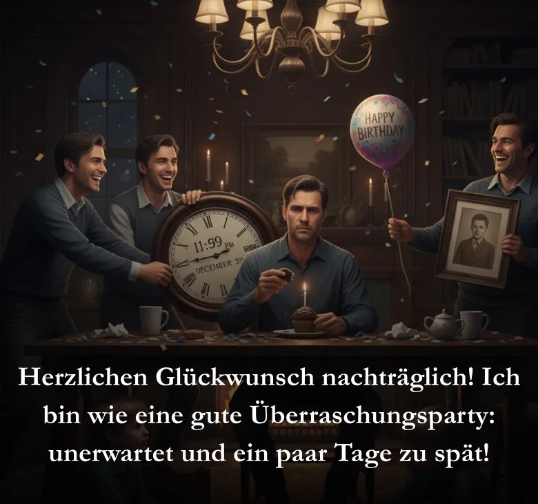 Herzlichen Glückwunsch nachträglich Ich bin wie eine gute Überraschungsparty unerwartet und ein paar Tage zu spät