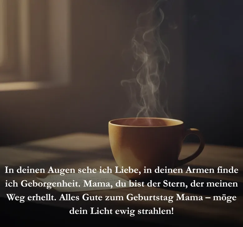 In deinen Augen sehe ich Liebe, in deinen Armen finde ich Geborgenheit. Mama, du bist der Stern, der meinen Weg erhellt. Alles Gute zum Geburtstag Mama – möge dein Licht ewig strahlen!