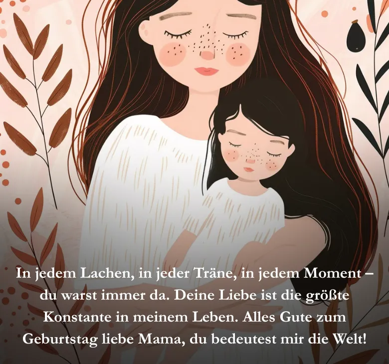 In jedem Lachen, in jeder Träne, in jedem Moment – du warst immer da. Deine Liebe ist die größte Konstante in meinem Leben. Alles Gute zum Geburtstag liebe Mama, du bedeutest mir die Welt!