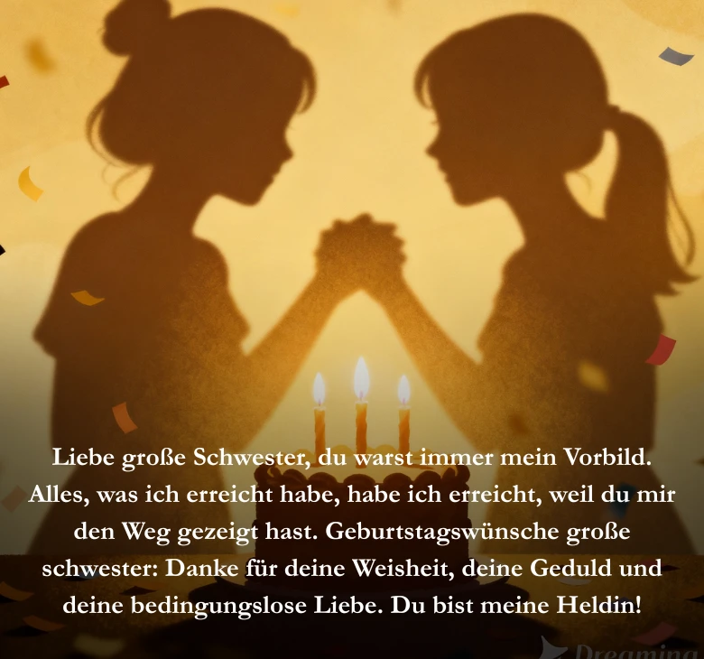 Liebe große Schwester, du warst immer mein Vorbild. Alles, was ich erreicht habe, habe ich erreicht, weil du mir den Weg gezeigt hast. Geburtstagswünsche große schwester: Danke für deine Weisheit, deine Geduld und deine bedingungslose Liebe. Du bist meine Heldin