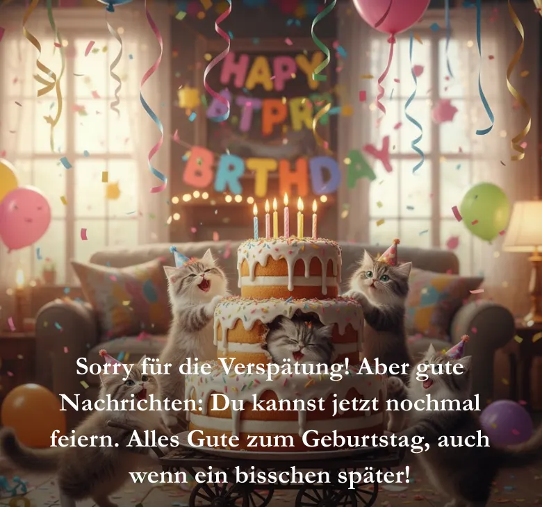 Sorry für die Verspätung! Aber gute Nachrichten: Du kannst jetzt nochmal feiern. Alles Gute zum Geburtstag, auch wenn ein bisschen später