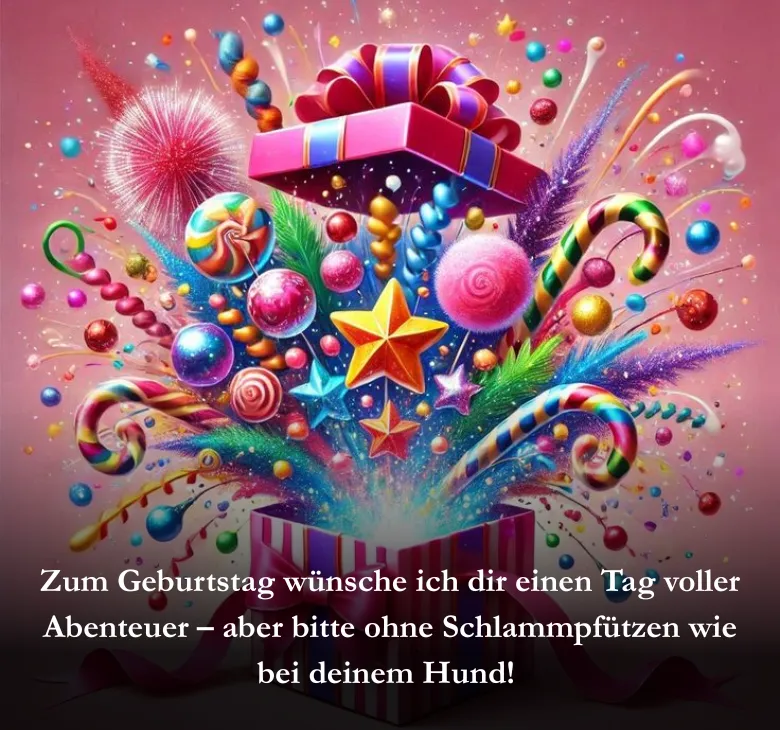 Zum Geburtstag wünsche ich dir einen Tag voller Abenteuer – aber bitte ohne Schlammpfützen wie bei deinem Hund! 