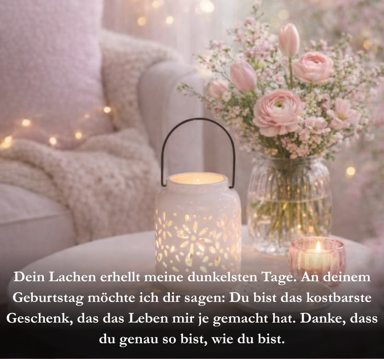 Dein Lachen erhellt meine dunkelsten Tage. An deinem Geburtstag möchte ich dir sagen: Du bist das kostbarste Geschenk, das das Leben mir je gemacht hat. Danke, dass du genau so bist, wie du bist.