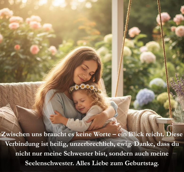 Zwischen uns braucht es keine Worte – ein Blick reicht. Diese Verbindung ist heilig, unzerbrechlich, ewig. Danke, dass du nicht nur meine Schwester bist, sondern auch meine Seelenschwester. Alles Liebe zum Geburtstag.