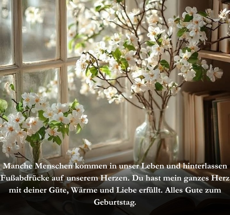 Manche Menschen kommen in unser Leben und hinterlassen Fußabdrücke auf unserem Herzen. Du hast mein ganzes Herz mit deiner Güte, Wärme und Liebe erfüllt. Alles Gute zum Geburtstag.