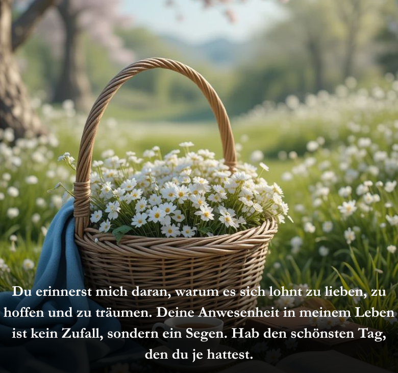 Du erinnerst mich daran, warum es sich lohnt zu lieben, zu hoffen und zu träumen. Deine Anwesenheit in meinem Leben ist kein Zufall, sondern ein Segen. Hab den schönsten Tag, den du je hattest.