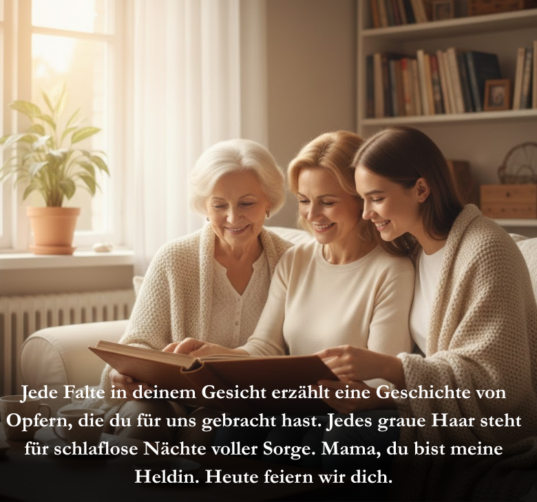 Jede Falte in deinem Gesicht erzählt eine Geschichte von Opfern, die du für uns gebracht hast. Jedes graue Haar steht für schlaflose Nächte voller Sorge. Mama, du bist meine Heldin. Heute feiern wir dich.