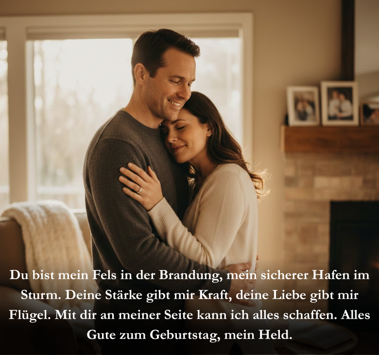 Du bist mein Fels in der Brandung, mein sicherer Hafen im Sturm. Deine Stärke gibt mir Kraft, deine Liebe gibt mir Flügel. Mit dir an meiner Seite kann ich alles schaffen. Alles Gute zum Geburtstag, mein Held.