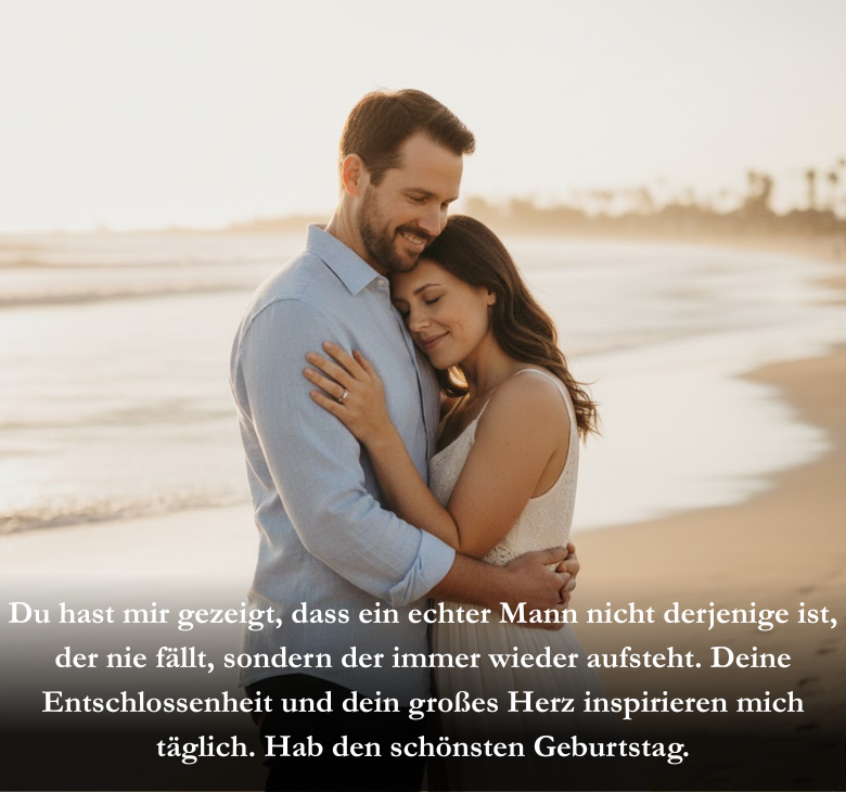 Du hast mir gezeigt, dass ein echter Mann nicht derjenige ist, der nie fällt, sondern der immer wieder aufsteht. Deine Entschlossenheit und dein großes Herz inspirieren mich täglich. Hab den schönsten Geburtstag.