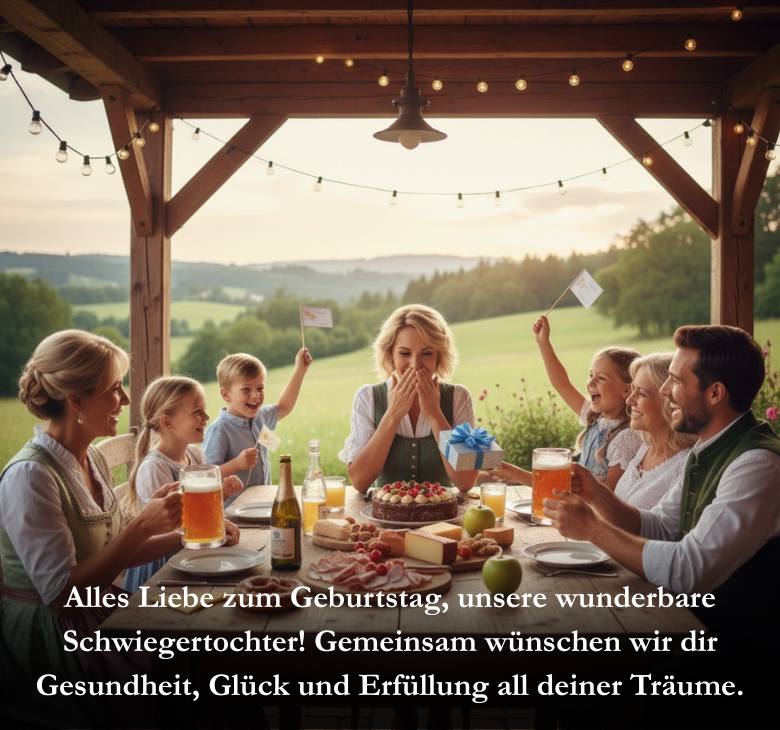 Alles Liebe zum Geburtstag, unsere wunderbare Schwiegertochter! Gemeinsam wünschen wir dir Gesundheit, Glück und Erfüllung all deiner Träume.