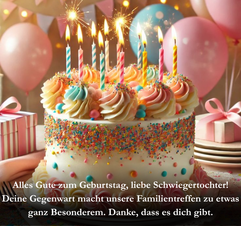 Alles Gute zum Geburtstag, liebe Schwiegertochter! Deine Gegenwart macht unsere Familientreffen zu etwas ganz Besonderem. Danke, dass es dich gibt.