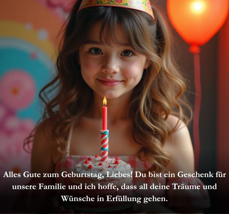 Alles Gute zum Geburtstag, Liebes! Du bist ein Geschenk für unsere Familie und ich hoffe, dass all deine Träume und Wünsche in Erfüllung gehen.