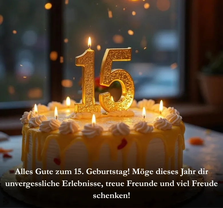 Alles Gute zum 15. Geburtstag! Möge dieses Jahr dir unvergessliche Erlebnisse, treue Freunde und viel Freude schenken!