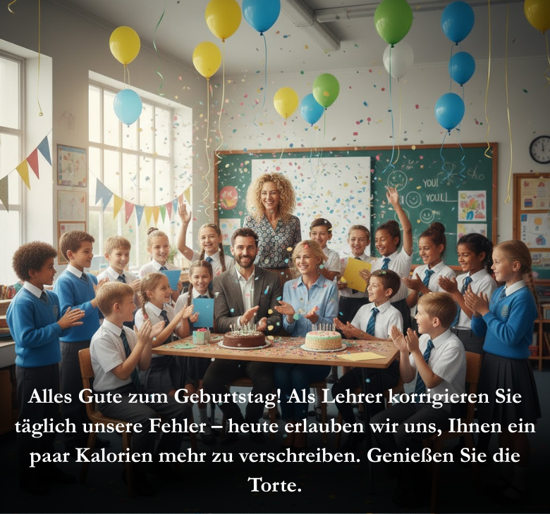 Alles Gute zum Geburtstag! Als Lehrer korrigieren Sie täglich unsere Fehler – heute erlauben wir uns, Ihnen ein paar Kalorien mehr zu verschreiben. Genießen Sie die Torte.