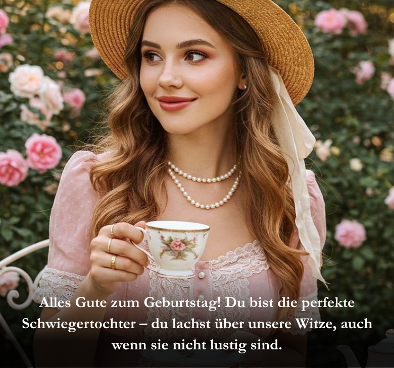Alles Gute zum Geburtstag! Du bist die perfekte Schwiegertochter – du lachst über unsere Witze, auch wenn sie nicht lustig sind.