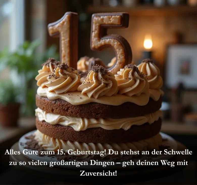 Alles Gute zum 15. Geburtstag! Du stehst an der Schwelle zu so vielen großartigen Dingen – geh deinen Weg mit Zuversicht!
