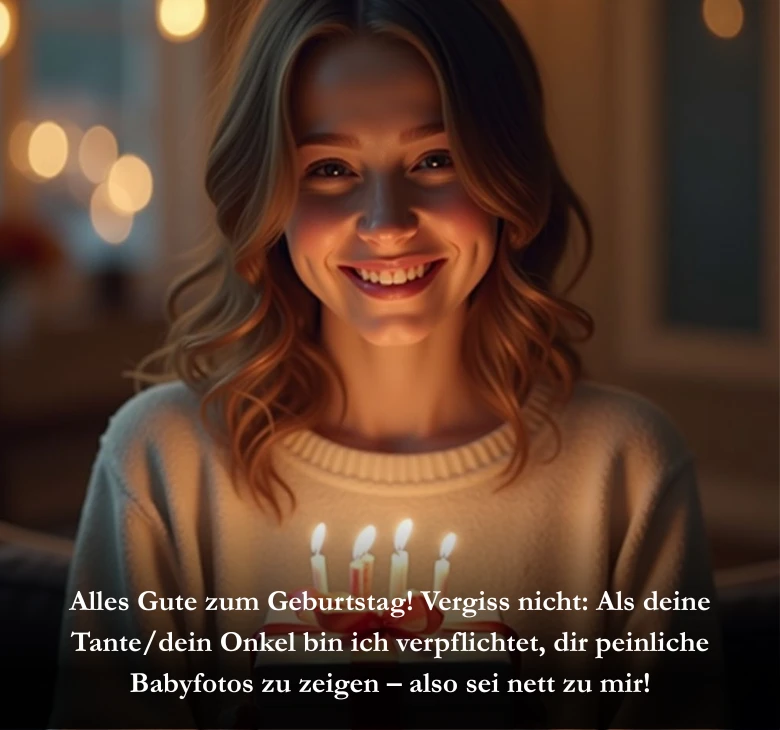 Alles Gute zum Geburtstag! Vergiss nicht: Als deine Tante/dein Onkel bin ich verpflichtet, dir peinliche Babyfotos zu zeigen – also sei nett zu mir!