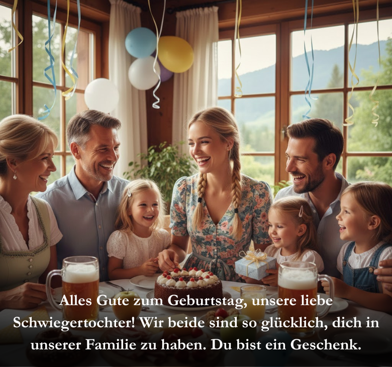 Alles Gute zum Geburtstag, unsere liebe Schwiegertochter! Wir beide sind so glücklich, dich in unserer Familie zu haben. Du bist ein Geschenk.