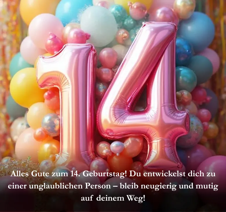 Alles Gute zum 14. Geburtstag! Du entwickelst dich zu einer unglaublichen Person – bleib neugierig und mutig auf deinem Weg!