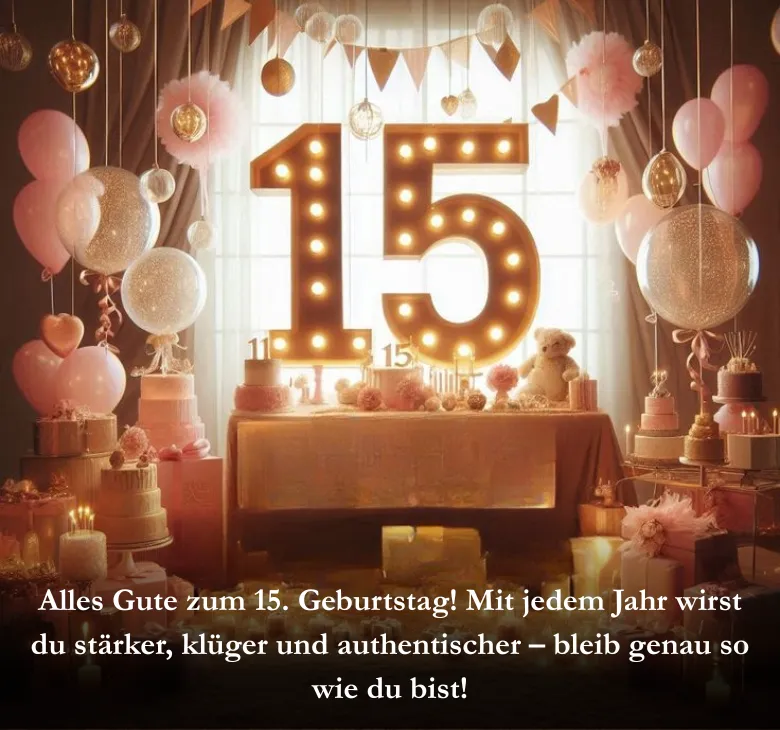 Alles Gute zum 15. Geburtstag! Mit jedem Jahr wirst du stärker, klüger und authentischer – bleib genau so wie du bist!