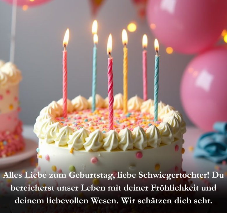 Alles Liebe zum Geburtstag, liebe Schwiegertochter! Du bereicherst unser Leben mit deiner Fröhlichkeit und deinem liebevollen Wesen. Wir schätzen dich sehr.