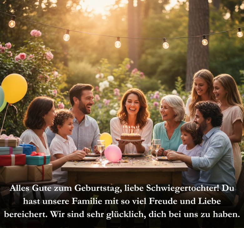 Alles Gute zum Geburtstag, liebe Schwiegertochter! Du hast unsere Familie mit so viel Freude und Liebe bereichert. Wir sind sehr glücklich, dich bei uns zu haben.