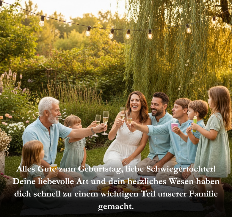 Alles Gute zum Geburtstag, liebe Schwiegertochter! Deine liebevolle Art und dein herzliches Wesen haben dich schnell zu einem wichtigen Teil unserer Familie gemacht.