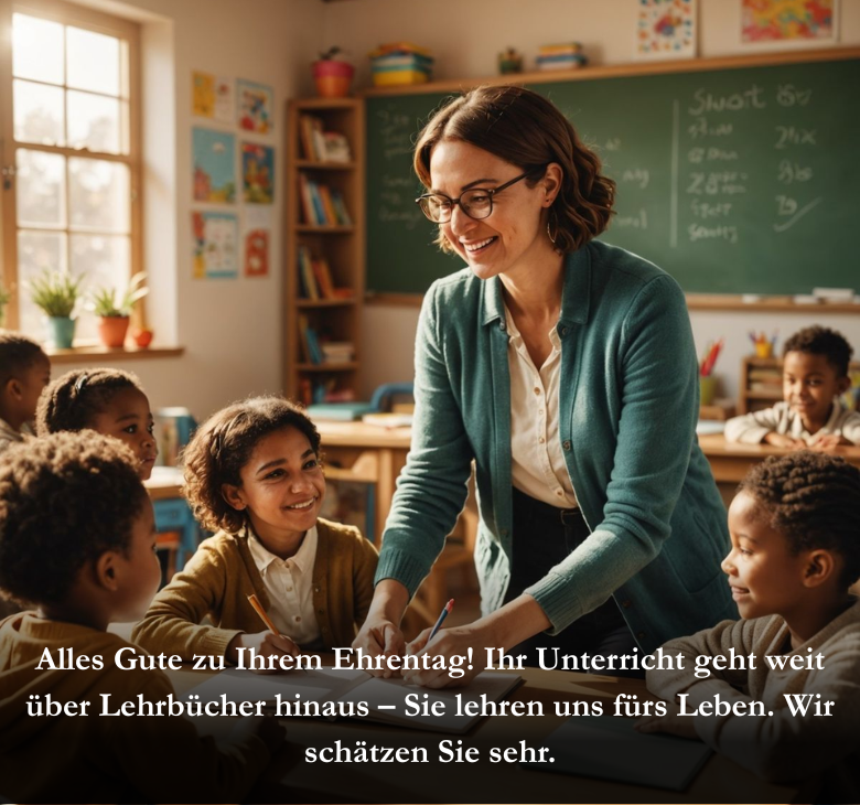 Alles Gute zu Ihrem Ehrentag! Ihr Unterricht geht weit über Lehrbücher hinaus – Sie lehren uns fürs Leben. Wir schätzen Sie sehr.