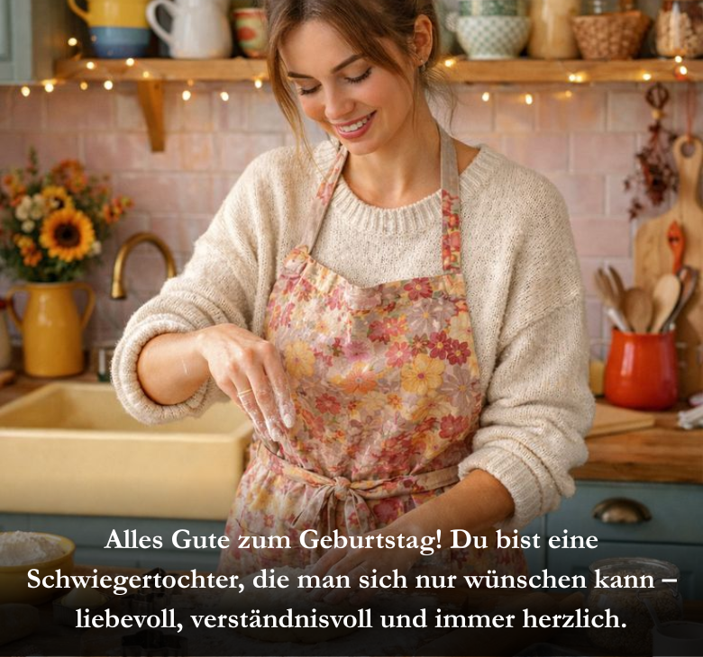 Alles Gute zum Geburtstag! Du bist eine Schwiegertochter, die man sich nur wünschen kann – liebevoll, verständnisvoll und immer herzlich.