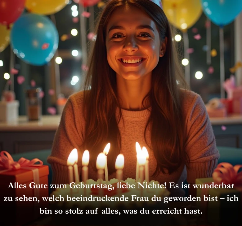 Alles Gute zum Geburtstag, liebe Nichte! Es ist wunderbar zu sehen, welch beeindruckende Frau du geworden bist – ich bin so stolz auf alles, was du erreicht hast.