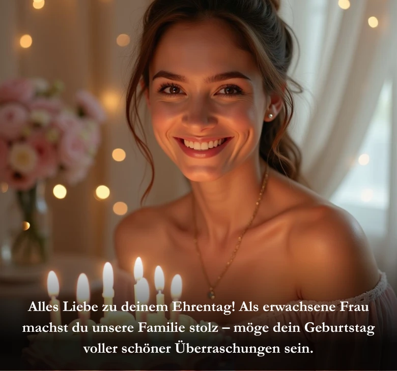 Alles Liebe zu deinem Ehrentag! Als erwachsene Frau machst du unsere Familie stolz – möge dein Geburtstag voller schöner Überraschungen sein.