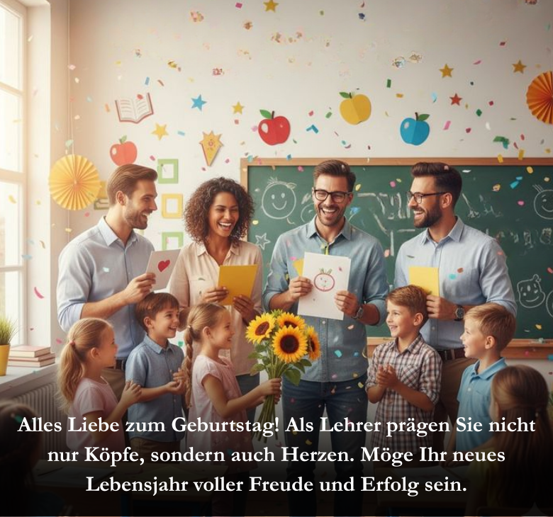 Alles Liebe zum Geburtstag! Als Lehrer prägen Sie nicht nur Köpfe, sondern auch Herzen. Möge Ihr neues Lebensjahr voller Freude und Erfolg sein.