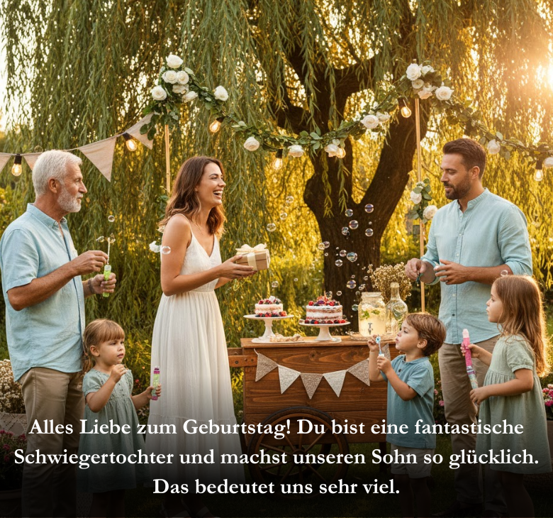 Alles Liebe zum Geburtstag! Du bist eine fantastische Schwiegertochter und machst unseren Sohn so glücklich. Das bedeutet uns sehr viel.