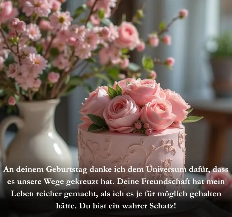 An deinem Geburtstag danke ich dem Universum dafür, dass es unsere Wege gekreuzt hat. Deine Freundschaft hat mein Leben reicher gemacht, als ich es je für möglich gehalten hätte. Du bist ein wahrer Schatz!