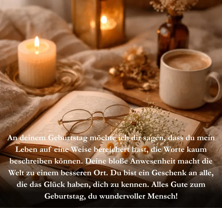 An deinem Geburtstag möchte ich dir sagen, dass du mein Leben auf eine Weise bereichert hast, die Worte kaum beschreiben können. Deine bloße Anwesenheit macht die Welt zu einem besseren Ort. Du bist ein Geschenk an alle, die das Glück haben, dich zu kennen. Alles Gute zum Geburtstag, du wundervoller Mensch!