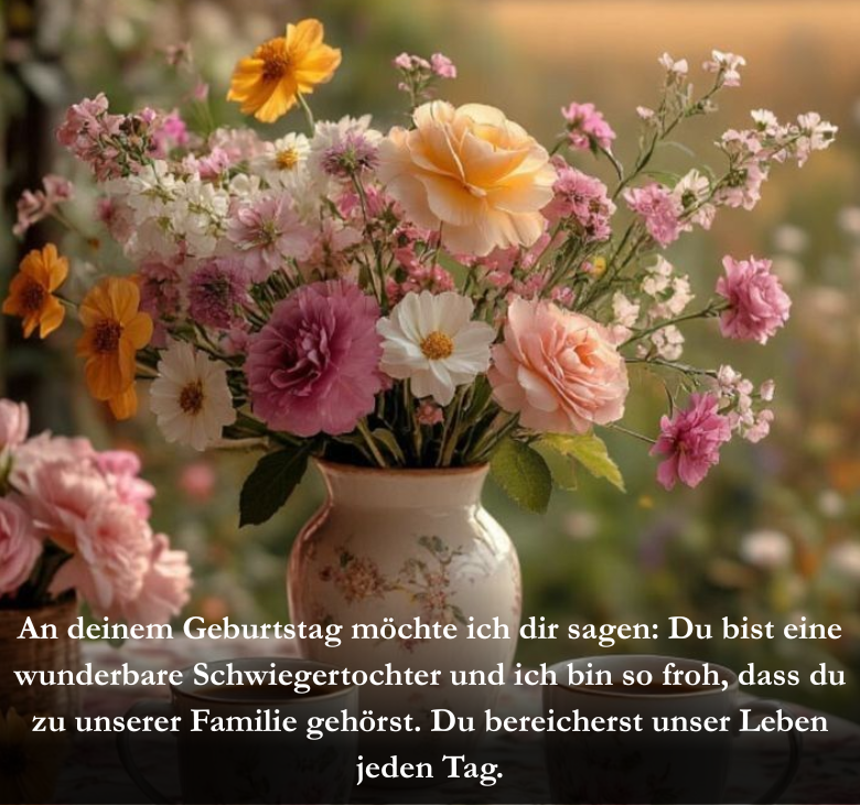 An deinem Geburtstag möchte ich dir sagen: Du bist eine wunderbare Schwiegertochter und ich bin so froh, dass du zu unserer Familie gehörst. Du bereicherst unser Leben jeden Tag.