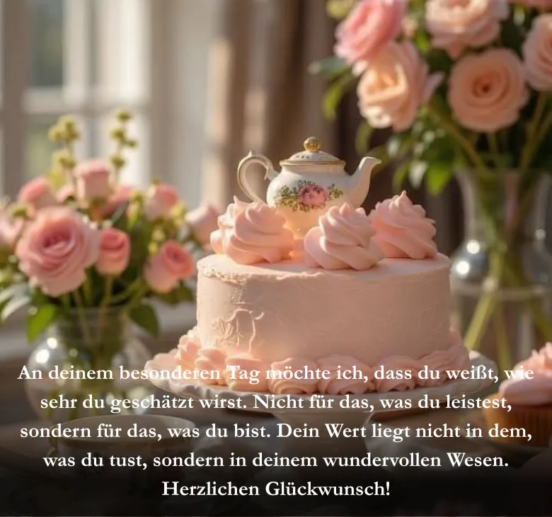 An deinem besonderen Tag möchte ich, dass du weißt, wie sehr du geschätzt wirst. Nicht für das, was du leistest, sondern für das, was du bist. Dein Wert liegt nicht in dem, was du tust, sondern in deinem wundervollen Wesen. Herzlichen Glückwunsch!