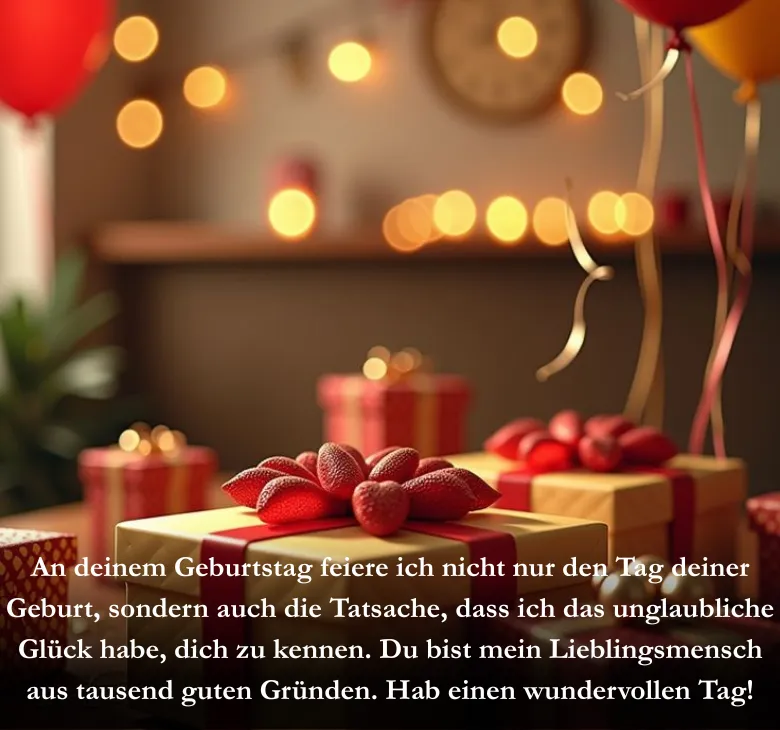 An deinem Geburtstag feiere ich nicht nur den Tag deiner Geburt, sondern auch die Tatsache, dass ich das unglaubliche Glück habe, dich zu kennen. Du bist mein Lieblingsmensch aus tausend guten Gründen. Hab einen wundervollen Tag!